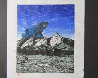 original woodblock print Japanese Moku Hanga godzilla kaiju monster Flatirons Rocky Mountains Colorado UC Boulder signed Kevin Clark