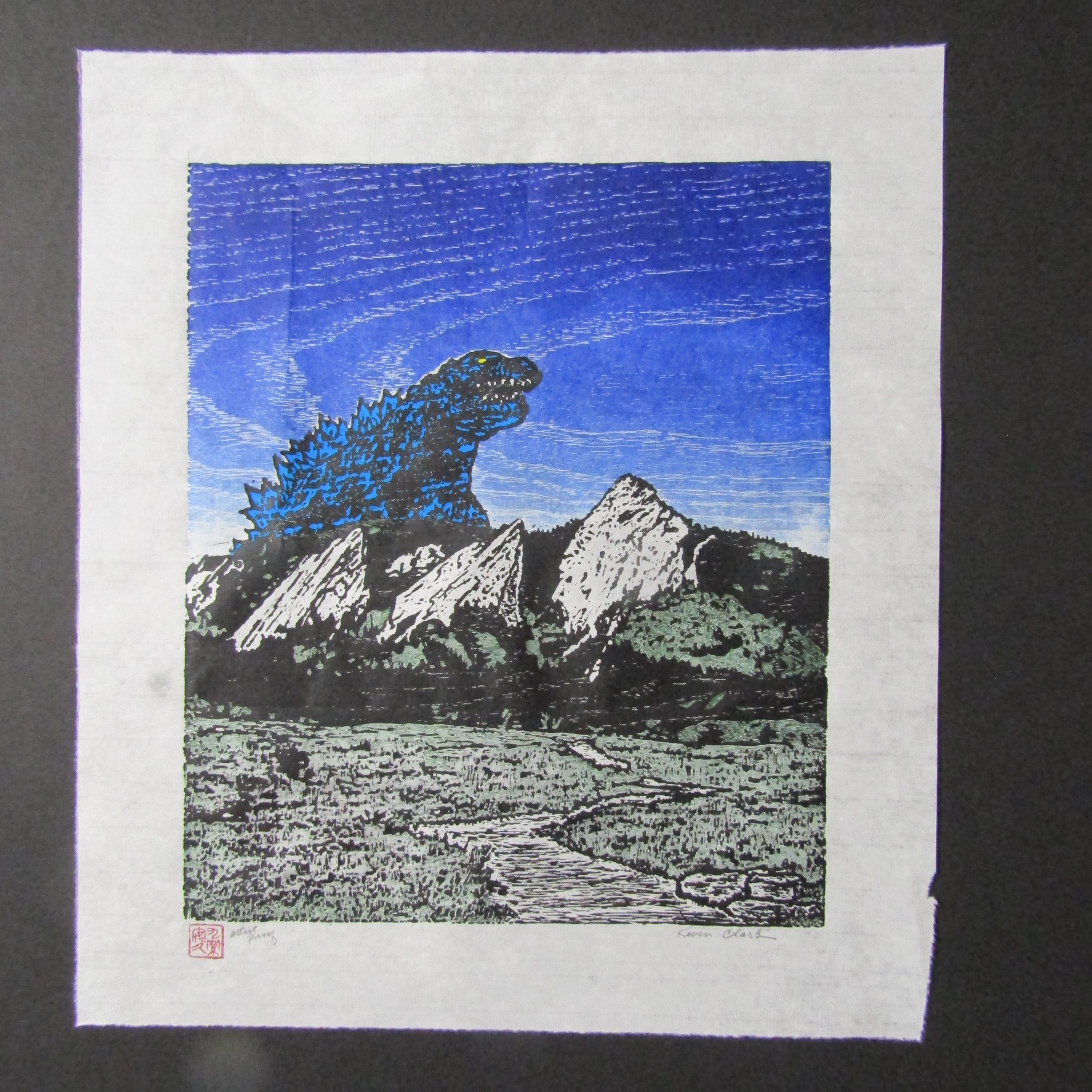 Original Woodblock Print Japanese Moku Hanga Godzilla Kaiju