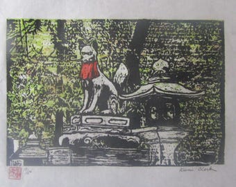 Guardian Fox lantern Fushimi Inari Kyoto hand carved woodcut, woodblock print Japanese moku hanga washi paper signed Kevin Clark