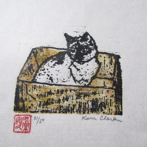 Cat in a Box Neko Woodblock Print Engraving Moku Hanga Japanese Washi signed Clark