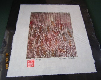 original woodblock print Japanese Moku Hanga Wheat field grass woodcut engraving signed washi