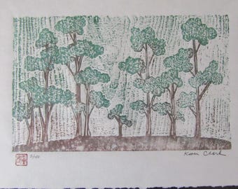 Modernist eucalyptus Tree Forest Park original woodcut hand carved woodblock print Japanese Moku Hanga signed Kevin Clark
