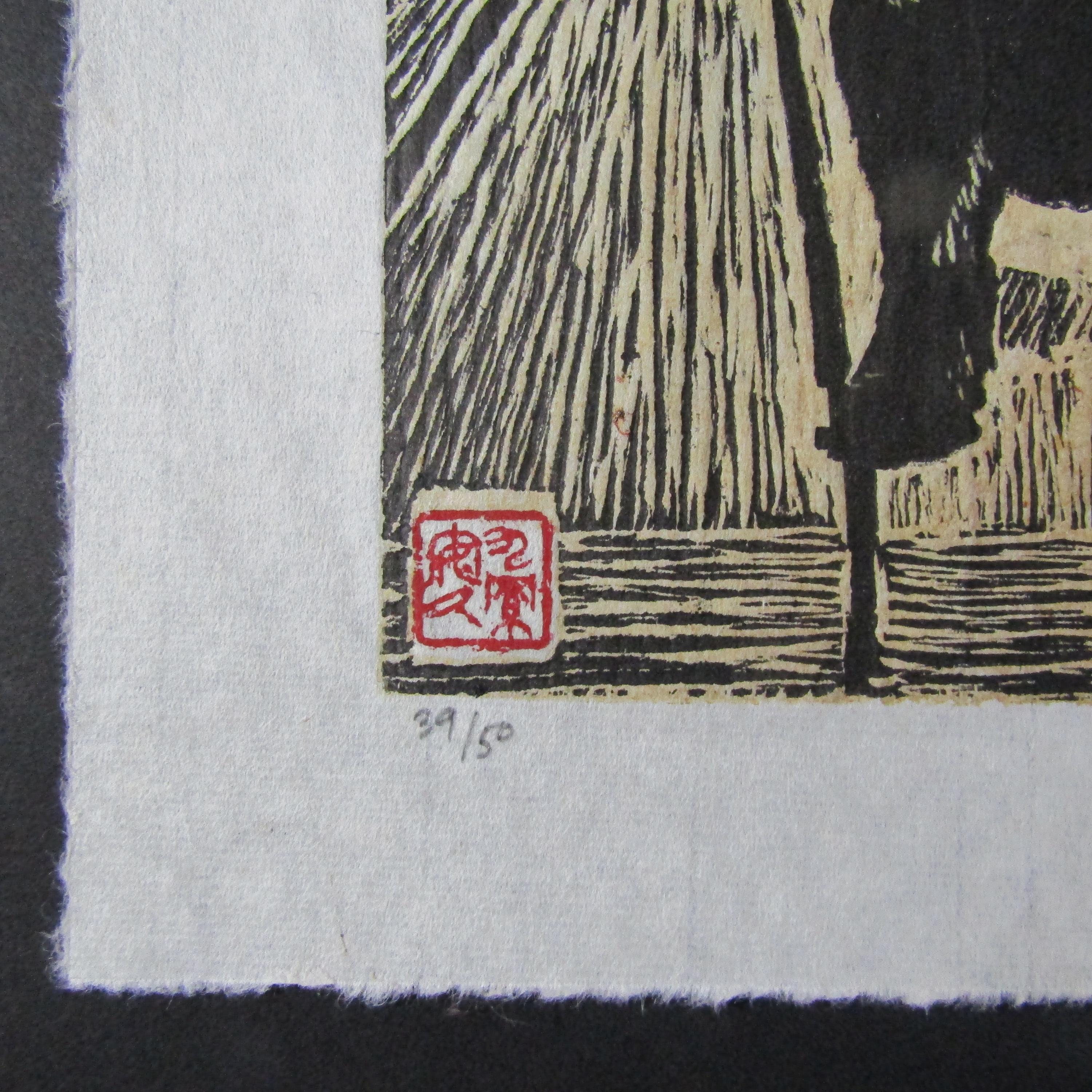 Dachshund Dog Puppy Hand Carved Woodcut Woodblock Print Japanese