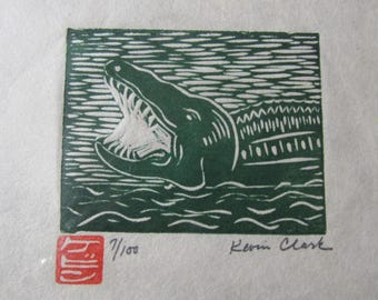 Alligator Crocodile original woodcut hand carved woodblock print Moku Hanga Japanese washi paper signed Kevin Clark