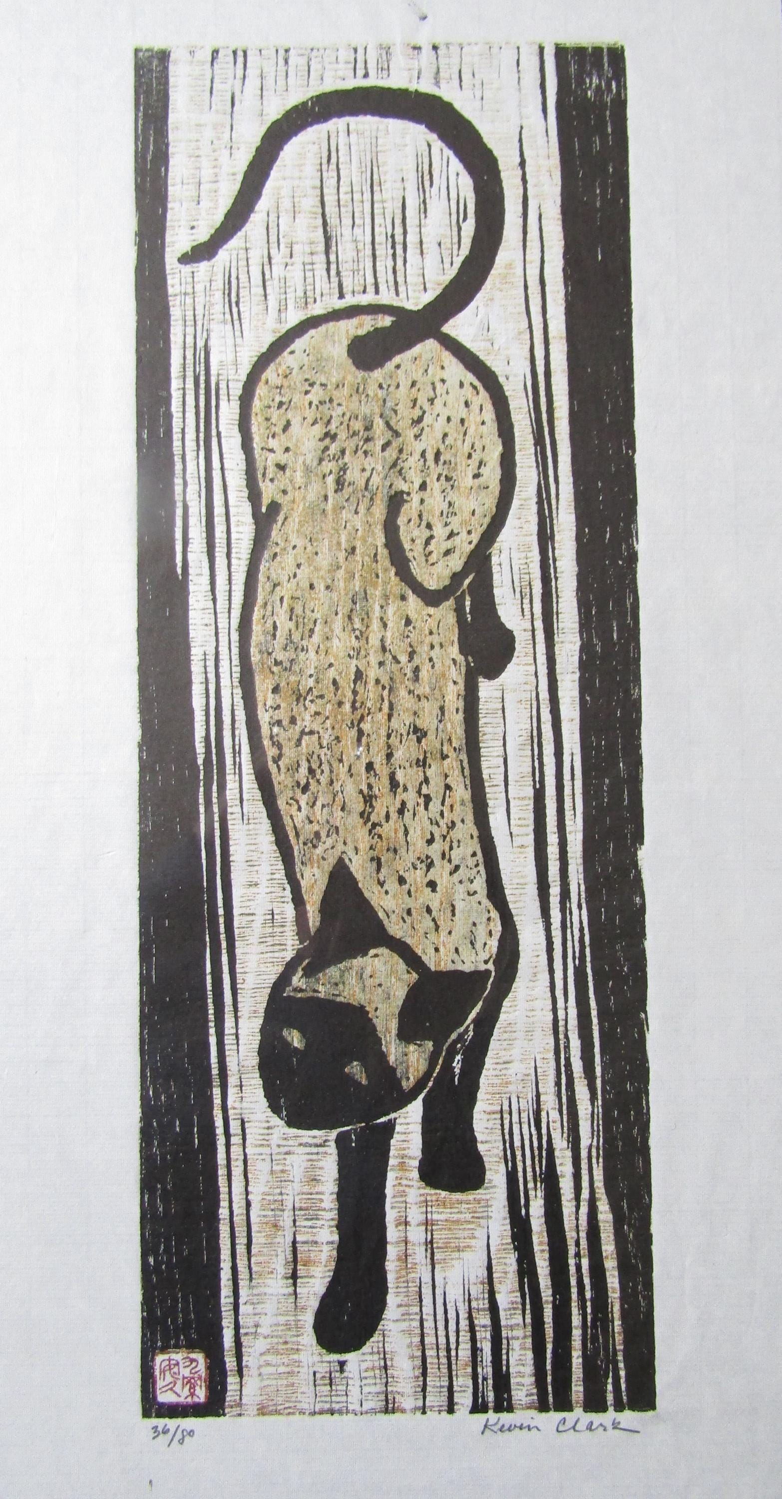 Brown Neko Cat Siamese Hand Carved Woodblock Print Japanese Washi