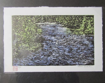 Forest River stream creek Landscape woodcut woodblock print grabado Japanese Moku Hanga signed Clark