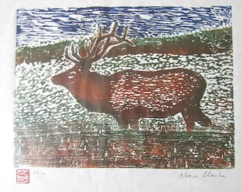 Elk Deer Caribou original hand carved woodblock print woodcut Japanese moku hanga washi paper signed Kevin Clark