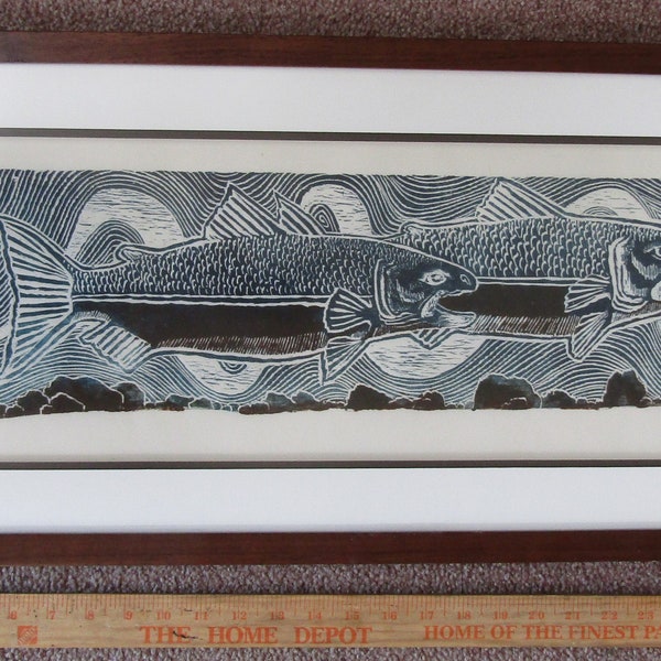 Sushi zalmforel steelhead handgesneden houtblokprint Japans washi papier ondertekend Custom FRAMED kunstenaar Kevin Clark