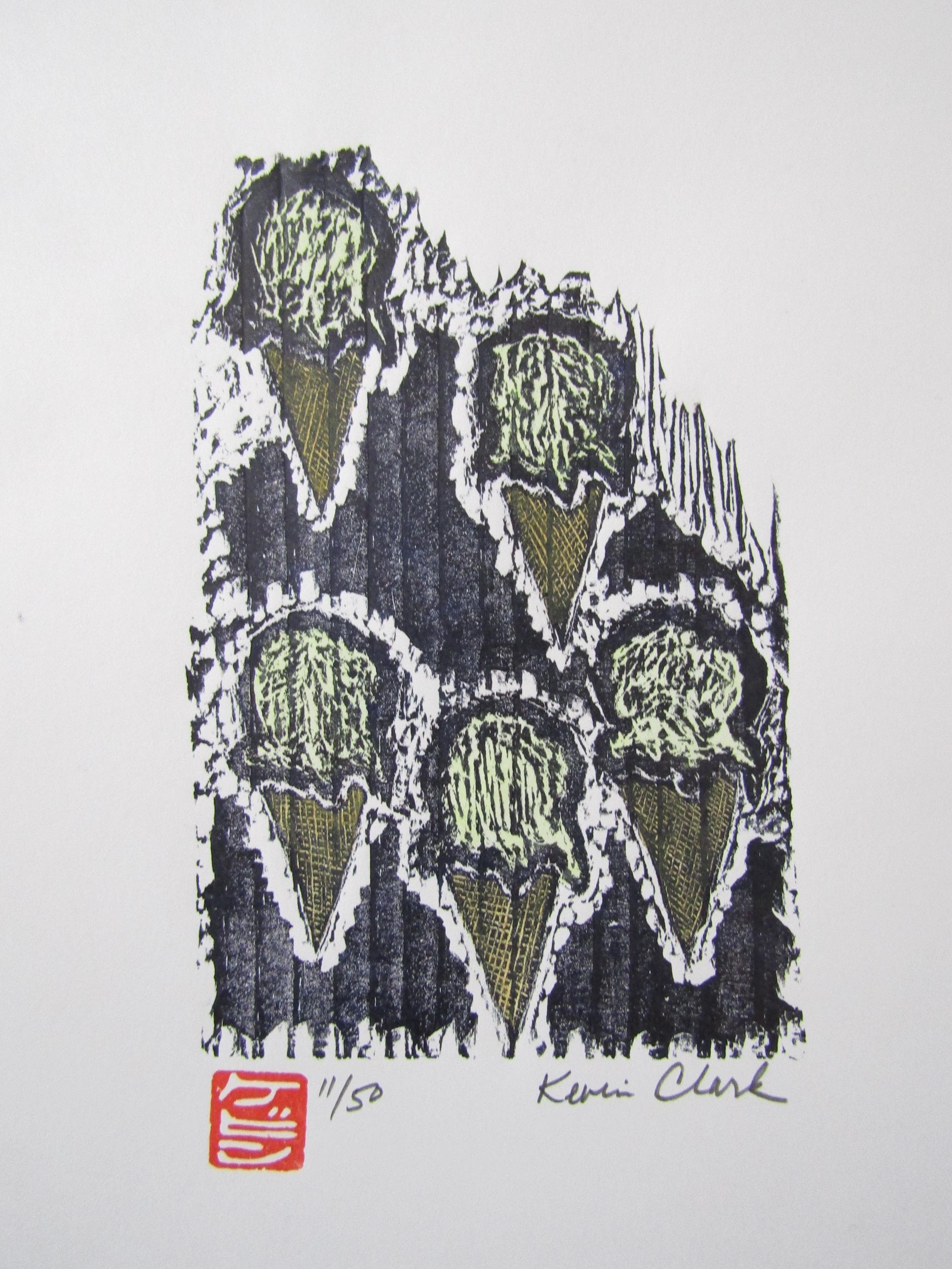 Ice Cream Cones Pistachio Original Hand Carved Woodblock Print