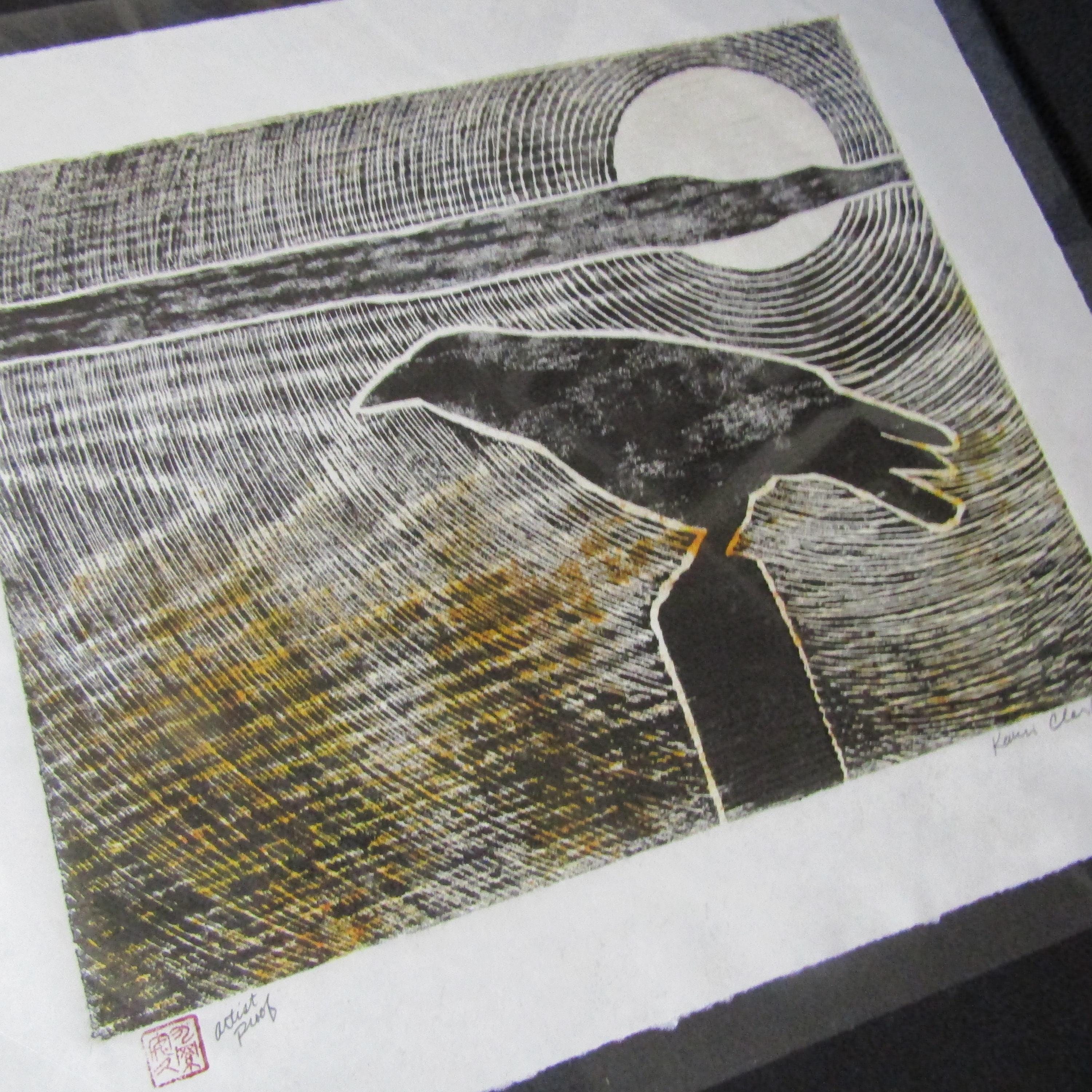 Desert Crow Raven Sunset Karasu Hand Carved Woodcut Woodblock