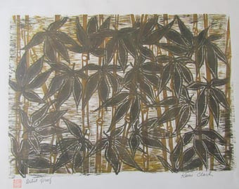 Japanese Maple leaf & Bamboo Large hand carved woodcut woodblock print Moku Hanga signed Kevin Clark