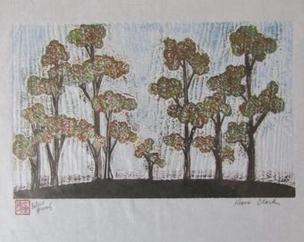 Modernist eucalyptus Tree Forest Park original woodcut hand carved woodblock print Japanese Moku Hanga signed Kevin Clark