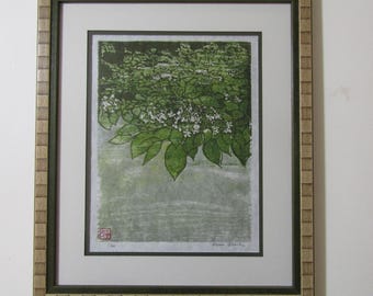 Wild Hydrangea Flower ajisai modern hand carved woodcut woodblock print Sosaku Moku Hanga Japanese washi paper signed Clark CUSTOM FRAMED