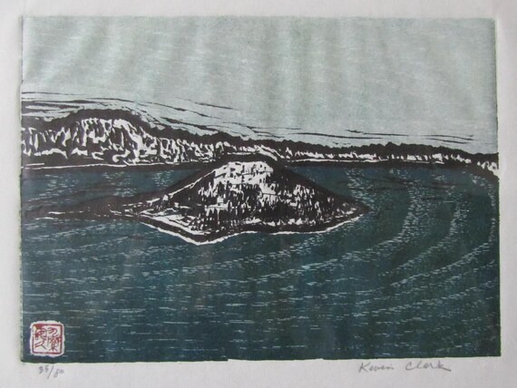 Crater Lake National Park Oregon Modern Hand Carved Woodcut