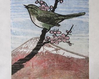 Spring Song Warbler bird Plum Blossom Red Fuji Mountain view Large hand carved woodblock print Japanese Moku Hanga Banhua signed Clark AP
