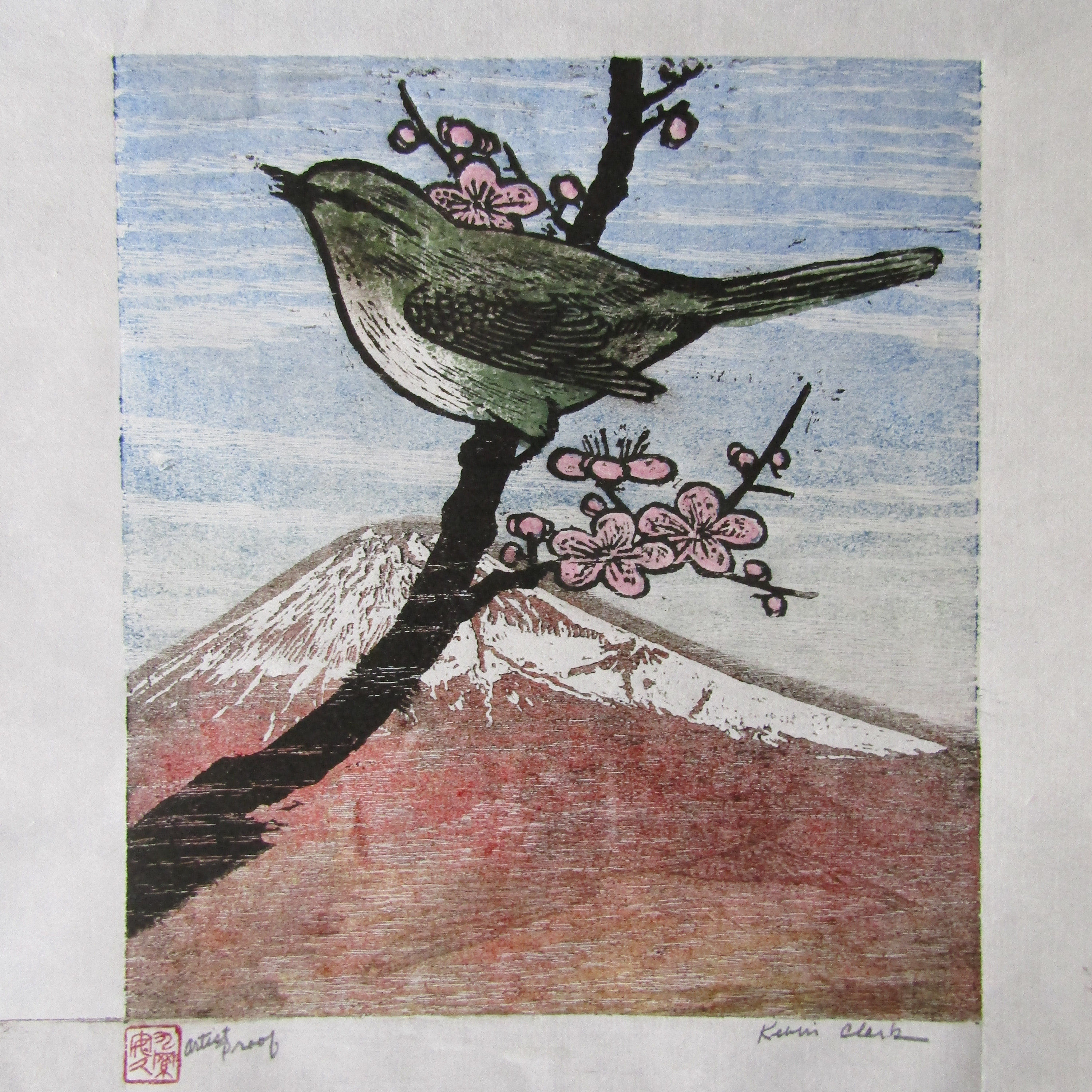 春の歌 ウグイス 鳥 梅の花 赤富士 山の景色 大きな手彫りの木版画