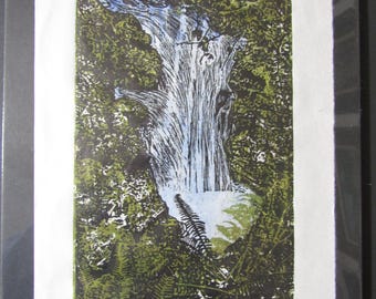 Forest stream waterfall Taki hand carved original woodblock print Japanese moku hanga signed Clark