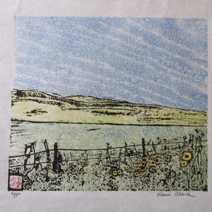 Roadside Sunflower Field original hand carved woodblock print  Moku Hanga Japanese washi paper signed Kevin Clark