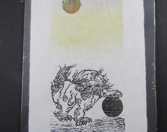 Templo fu Shisa perro guardián león 1 grabado en woodblock grabado Moku Hanga japonés Washi firmado Clark