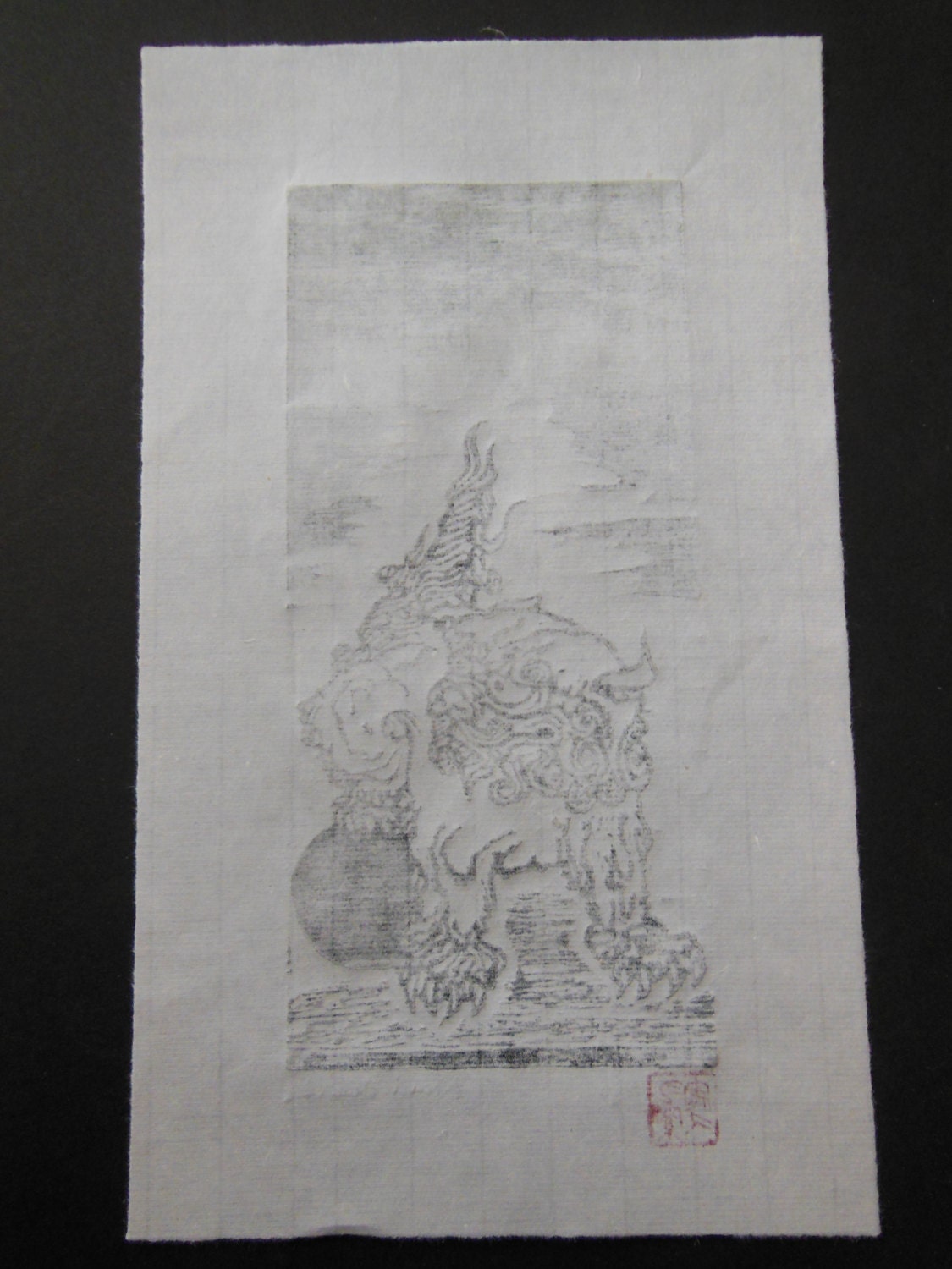 Temple Fu Shisa Dog Lion Woodblock Print Engraving Moku