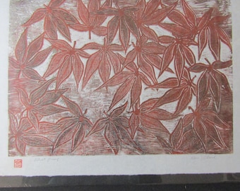Japanese Maple Tree leaf Large hand carved woodcut woodblock print Moku Hanga signed Kevin Clark