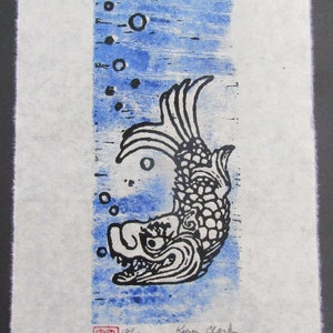 Shachihoko Tiger Carp Fish Woodblock print Engraving Moku Hanga Japanese Washi signed Clark
