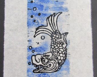 Shachihoko Tiger Carp Fish Woodblock impresión Grabado Moku Hanga Japonés Washi firmado Clark