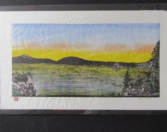 Crater Lake National Park Oregon hand carved woodcut woodblock print Japanese moku hanga washi paper signed Kevin Clark