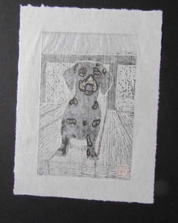 Dachshund Dog Puppy Hand Carved Woodcut Woodblock Print Japanese