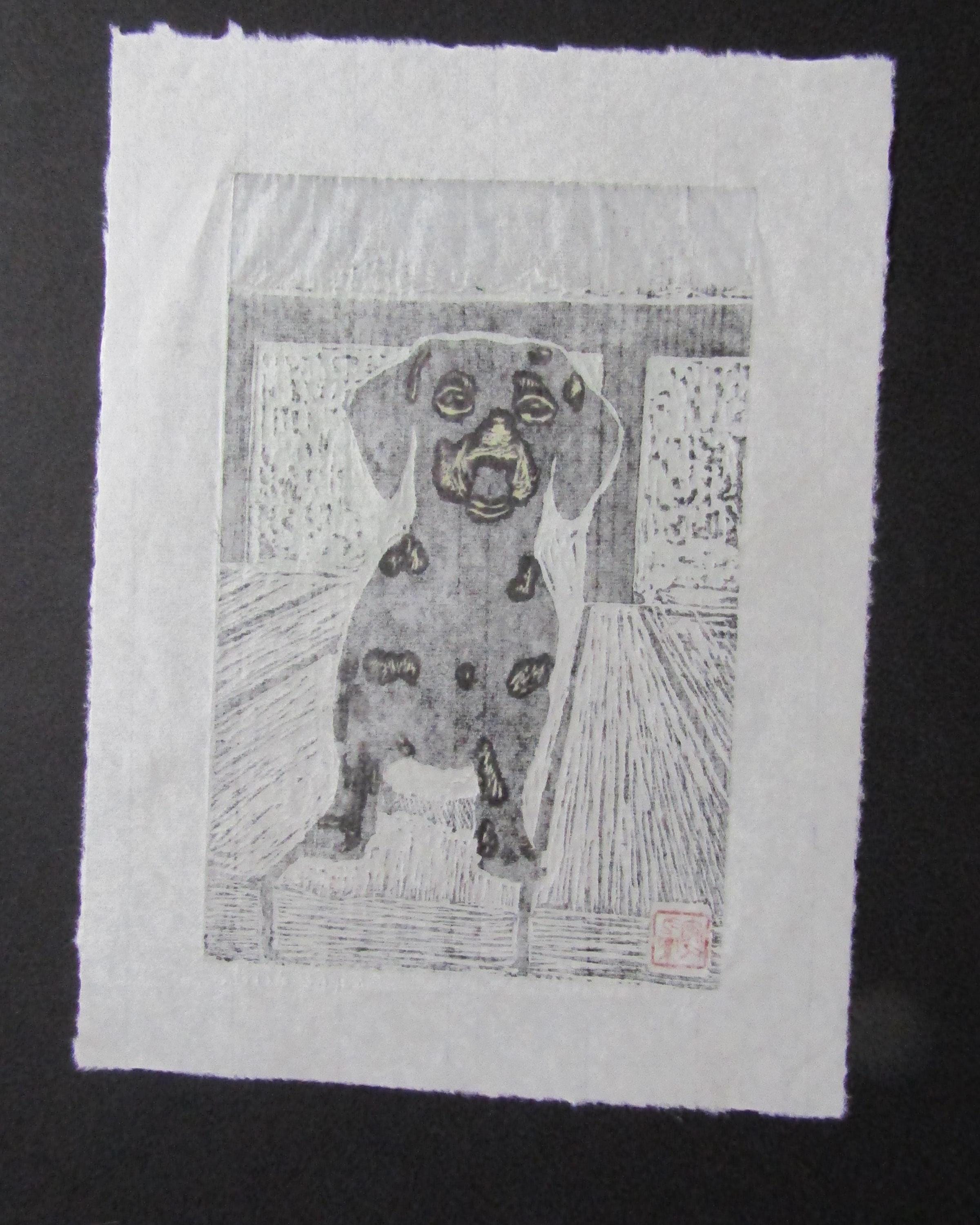 Dachshund Dog Puppy Hand Carved Woodcut Woodblock Print Japanese