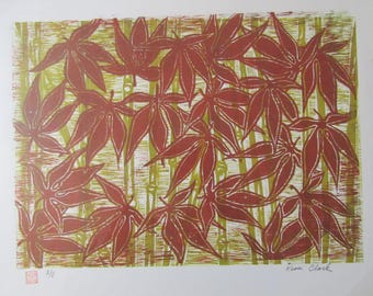 Japanese Maple leaf & Bamboo hand carved woodcut woodblock print Moku Hanga signed Kevin Clark