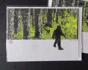 Bigfoot, Sasquatch, yeti monster blank 5x7 note cards moku hanga woodblock print reproductions set of 10