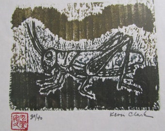 Grasshopper cricket bug hand carved Woodblock print woodcut Engraving Moku Hanga Japanese Washi signed Clark
