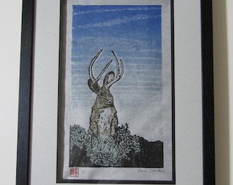 American Jackalope rabbit antelope Woodblock print woodcut Moku Hanga Japanese Washi signed Clark