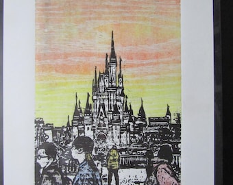 Tokyo Disneyland Castle View Memory  hand carved original woodblock print Japanese moku hanga signed  Clark