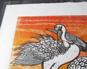 Cranes Tsuru Sagi Original Hand Carved Woodcut Woodblock Print