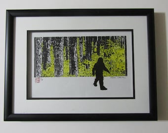 Out of the woods Bigfoot, Sasquatch kaiju hand carved woodcut woodblock print Sosaku Moku Hanga Japanese washi signed Clark CUSTOM FRAMED