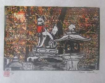 Guardian Fox lantern Fushimi Inari Kyoto hand carved woodcut, woodblock print Japanese moku hanga washi paper signed Kevin Clark