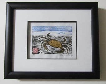 Ocean Crab Kani hand carved woodcut woodblock print Japanese Moku Hanga washi custom framed signed Clark