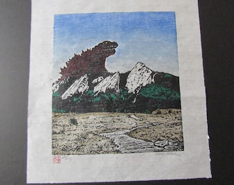 original woodblock print Japanese Moku Hanga godzilla kaiju monster Flatirons Rocky Mountains Colorado UC Boulder signed Kevin Clark