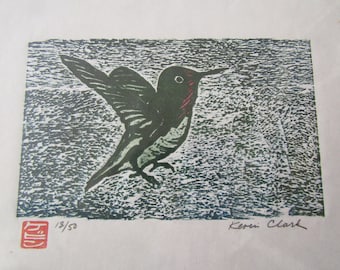 Colibrí Pájaro Grabado en madera Grabado Moku Hanga Washi japonés firmado Clark