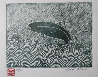 Fish Trout Steelhead Salmon hand carved woodcut woodblock print Japanese moku hanga washi paper signed Kevin Clark