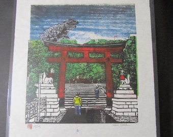 Kaiju godzilla-like Monster dinosaur Fushimi Inari Taisha Fox Shrine Temple Original woodblock print on Japanese Washi paper signed Clark