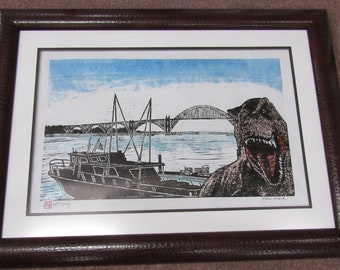 Kaiju Newport Bridge Oregon T-Rex Selfie Dinosaur monster hand carved woodblock print Japanese moku hanga signed Clark dinosaur skin FRAME!