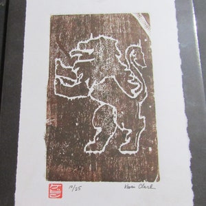 Standing Lion royal cat hand carved Woodblock print woodcut Engraving Moku Hanga Japanese Washi signed Clark