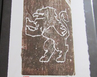 Standing Lion royal cat hand carved Woodblock print woodcut Engraving Moku Hanga Japanese Washi signed Clark