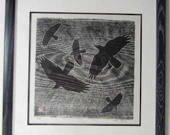 Crows Ravens Original woodblock print on Japanese Washi paper signed CUSTOM FRAMED