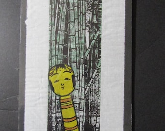 Kokeshi Doll Bamboo Tree forest hand carved woodblock print woodcut Japanese Moku Hanga signed Clark