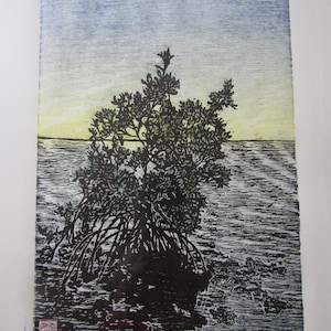 May include: A black and white woodcut print of a tree with roots in the water. The sky is a gradient of blue and yellow. The print is signed "Kevin Clark" and numbered "13/50".