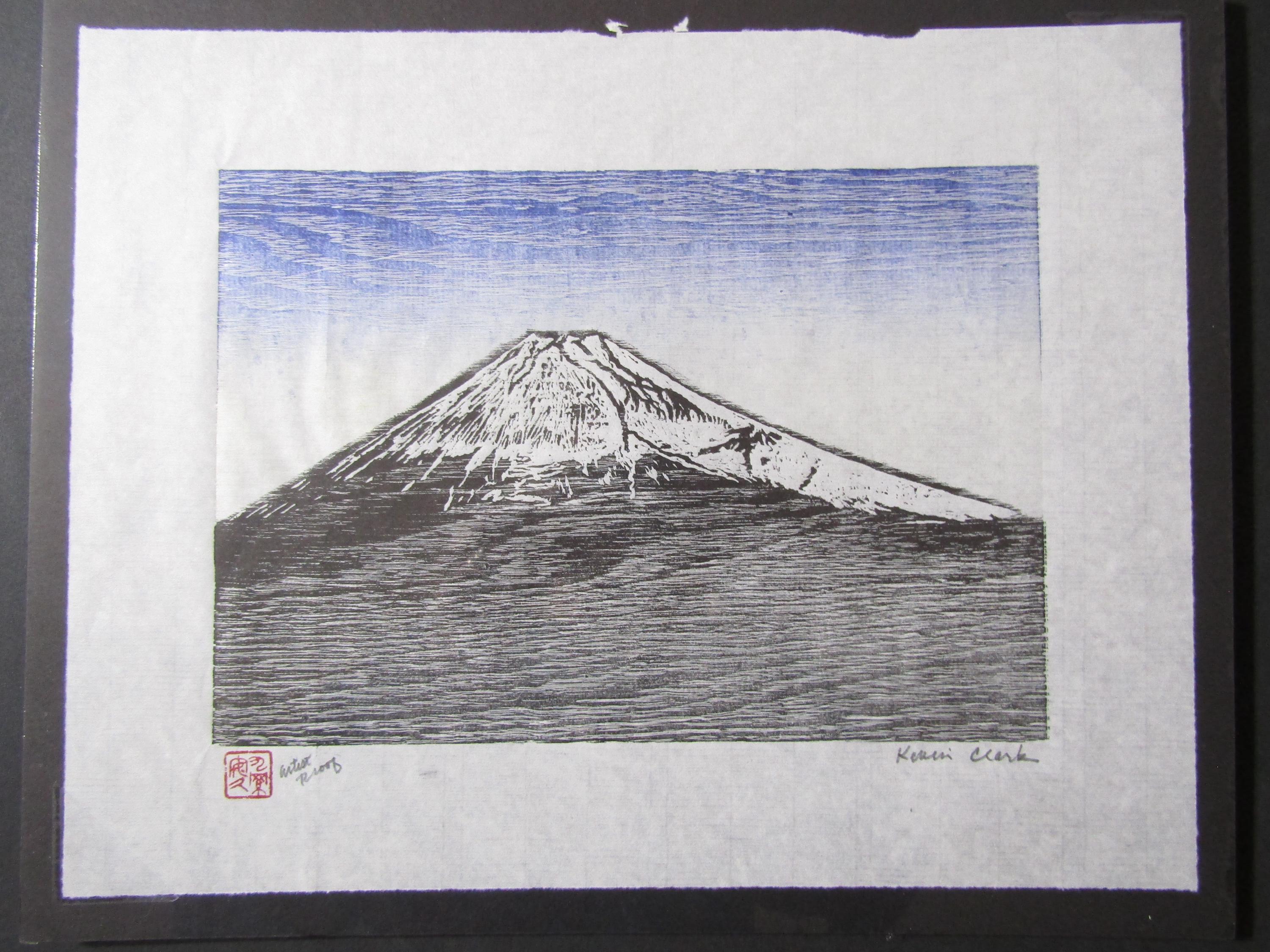 Blue Sky Fuji Mountain View Hand Carved Woodblock Print Japanese